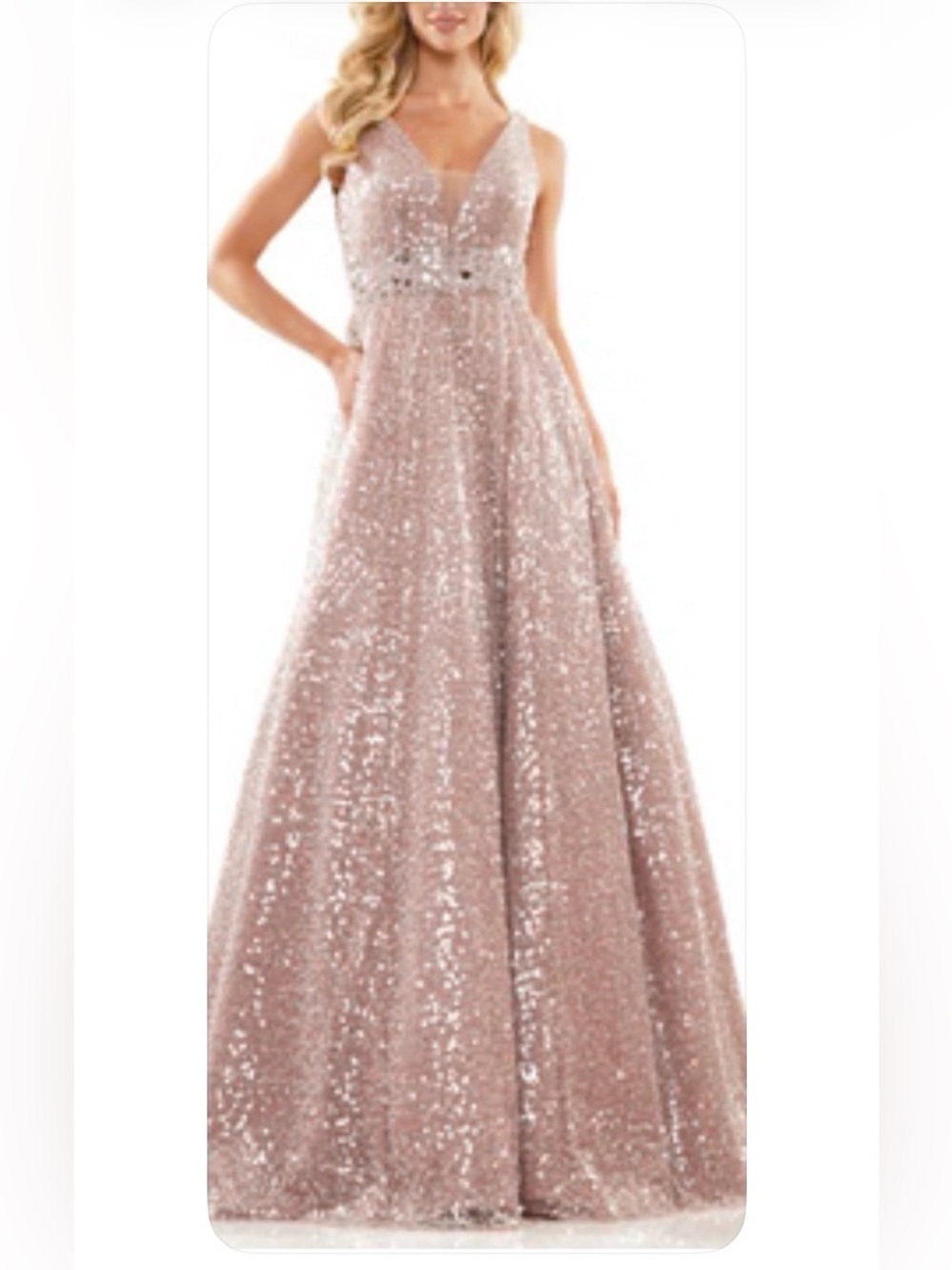 Sequin V-Neck Ball Gown Dress in Blush Pink